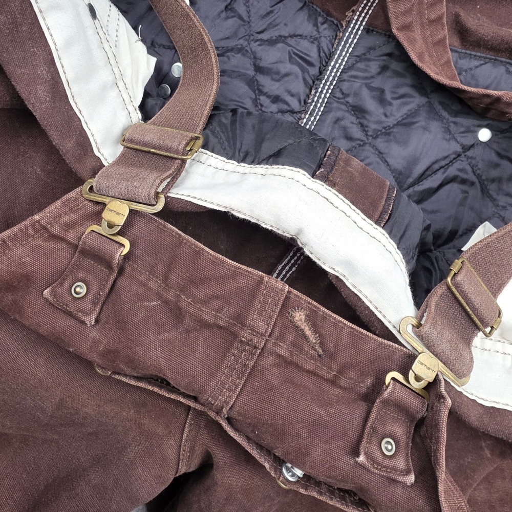 Carhartt Brown Insulated Duck Canvas Bib Overalls Quilted Zip Leg 46x30‎ R27 DKB - Picture 10 of 12